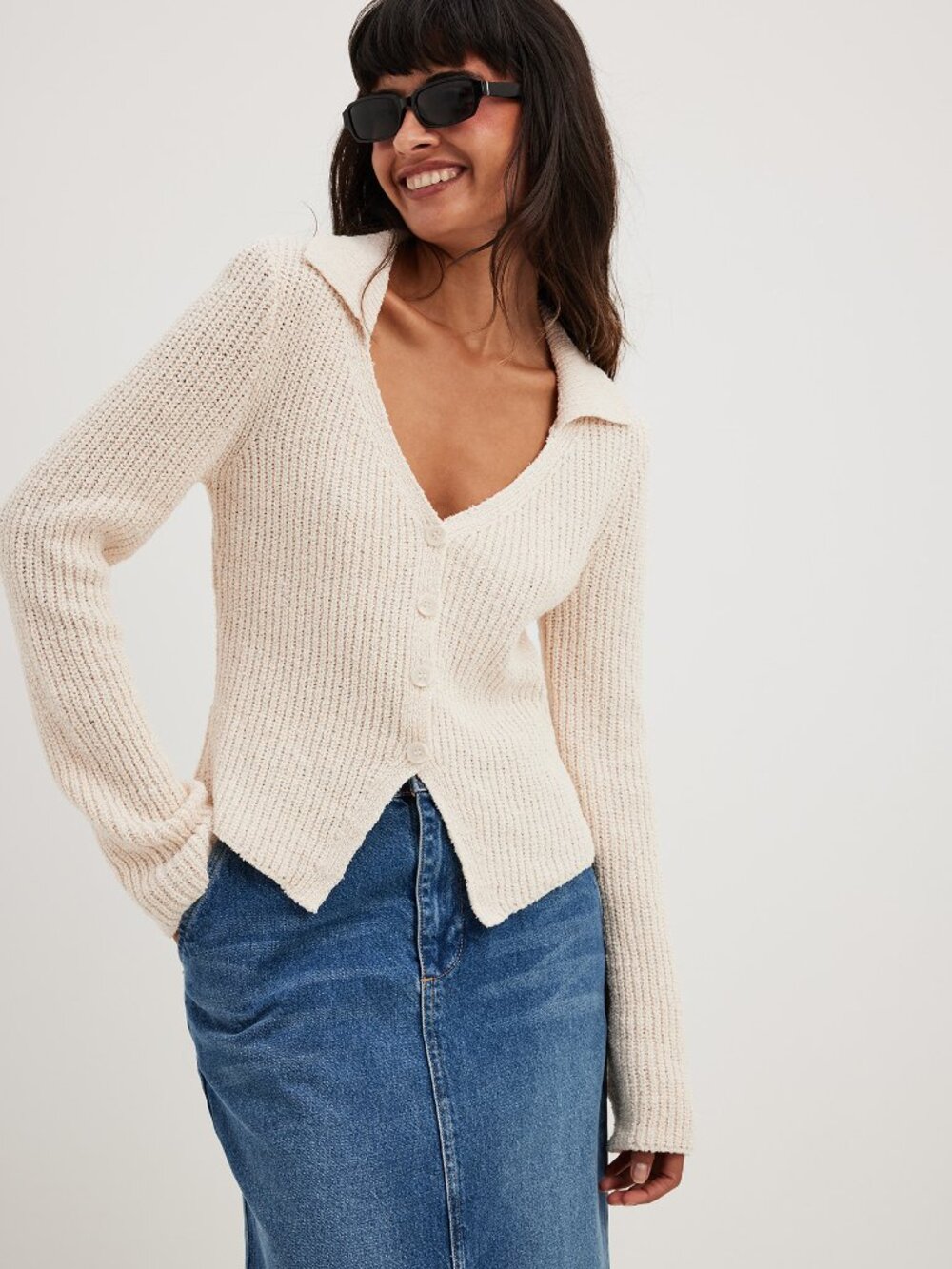 NA-KD Cream Knit Button Front Cardigan Sweater, Size Small